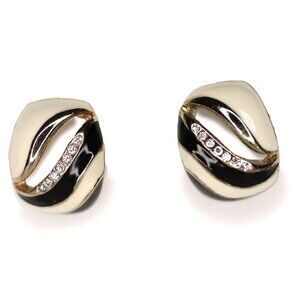 Vintage Enamelled Metal Hugger Earrings Cream Black Gold Rhinestones Gems